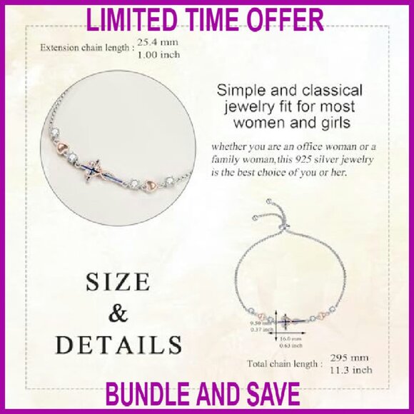 Sterling Silver Sideways Cross Bracelet Adjustable Chain Religious Jewelry - Picture 6 of 8